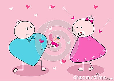 Will you marry me? Vector card for wedding or Valentine`s day. Silhouette of young cute man and girl characters. Couple in love. Vector Illustration